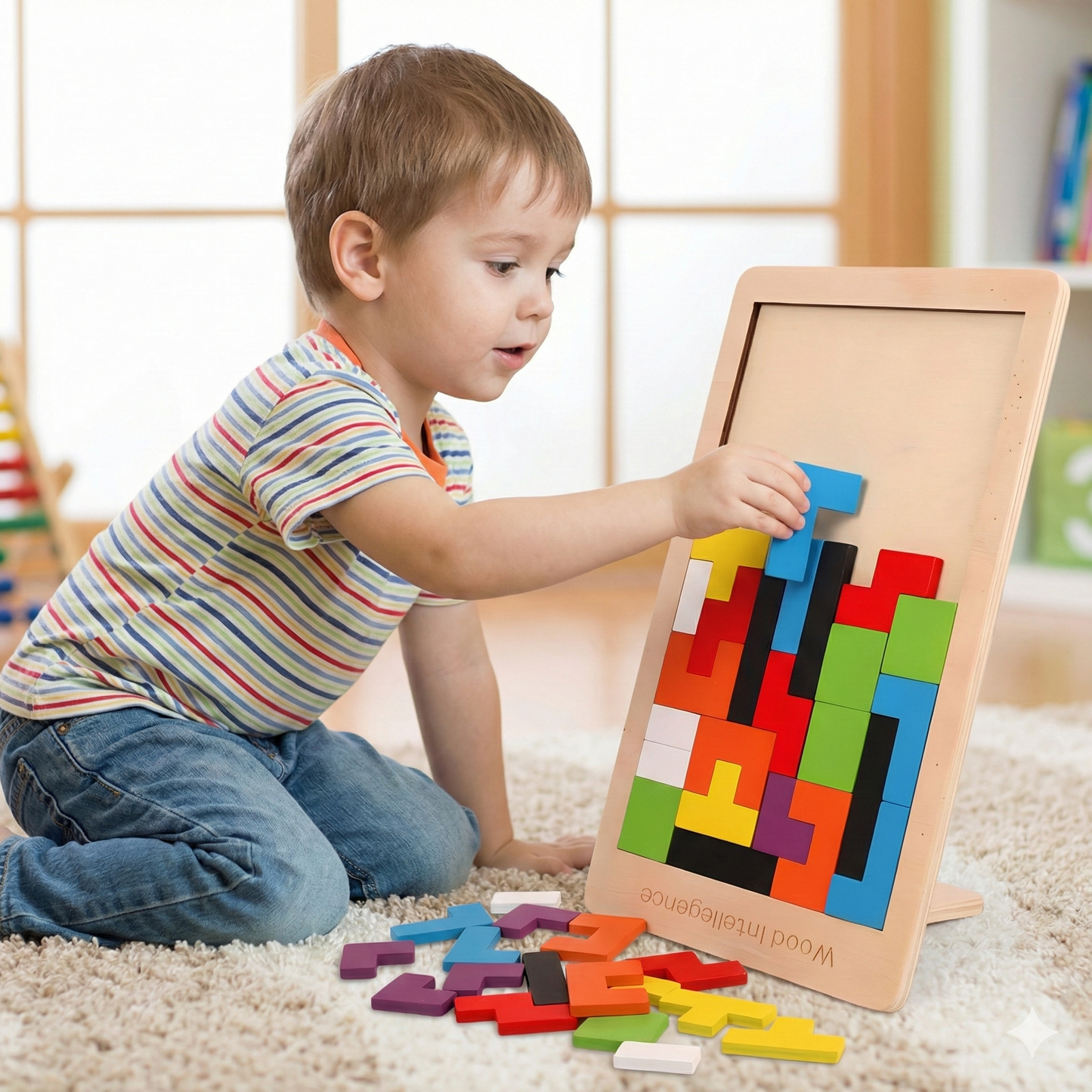 Puzzle 3D de madera diseñado para estimular la lógica, la concentración y el pensamiento de los niños mientras juegan y aprenden.